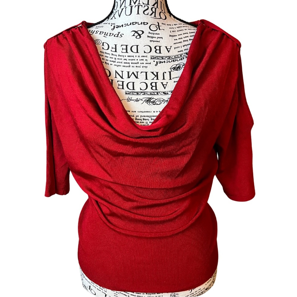 Cache Red Draped Cowl Neck Knit Top